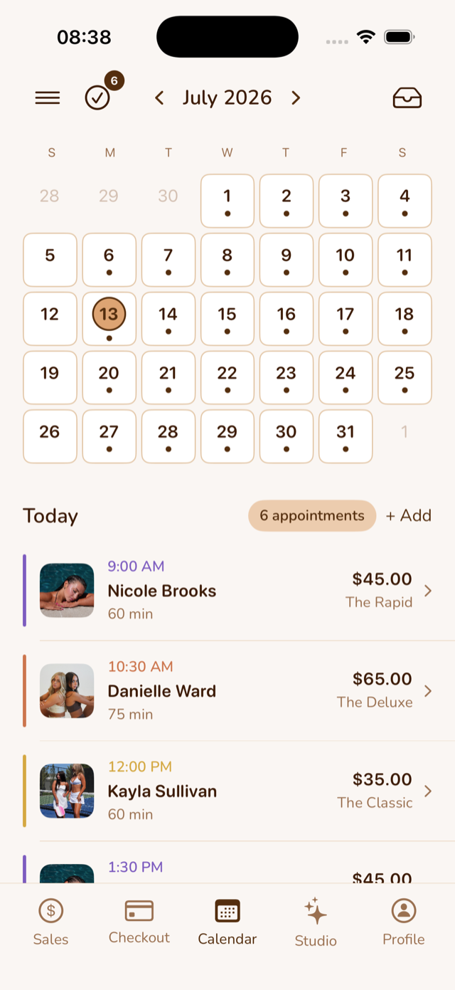 The Toasted iPhone app showing a calendar and a full day of spray tan appointments