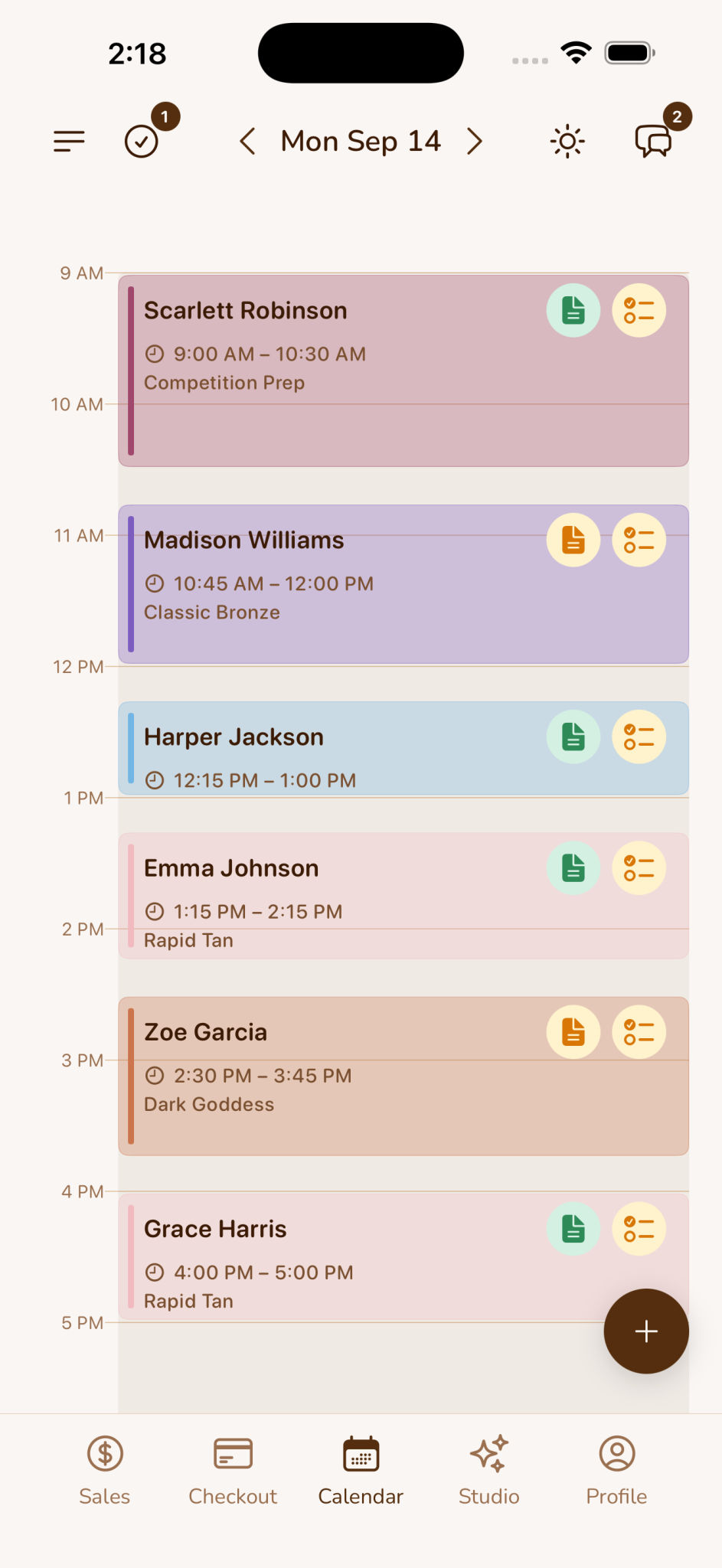 The Toasted iPhone app showing a calendar and a full day of spray tan appointments