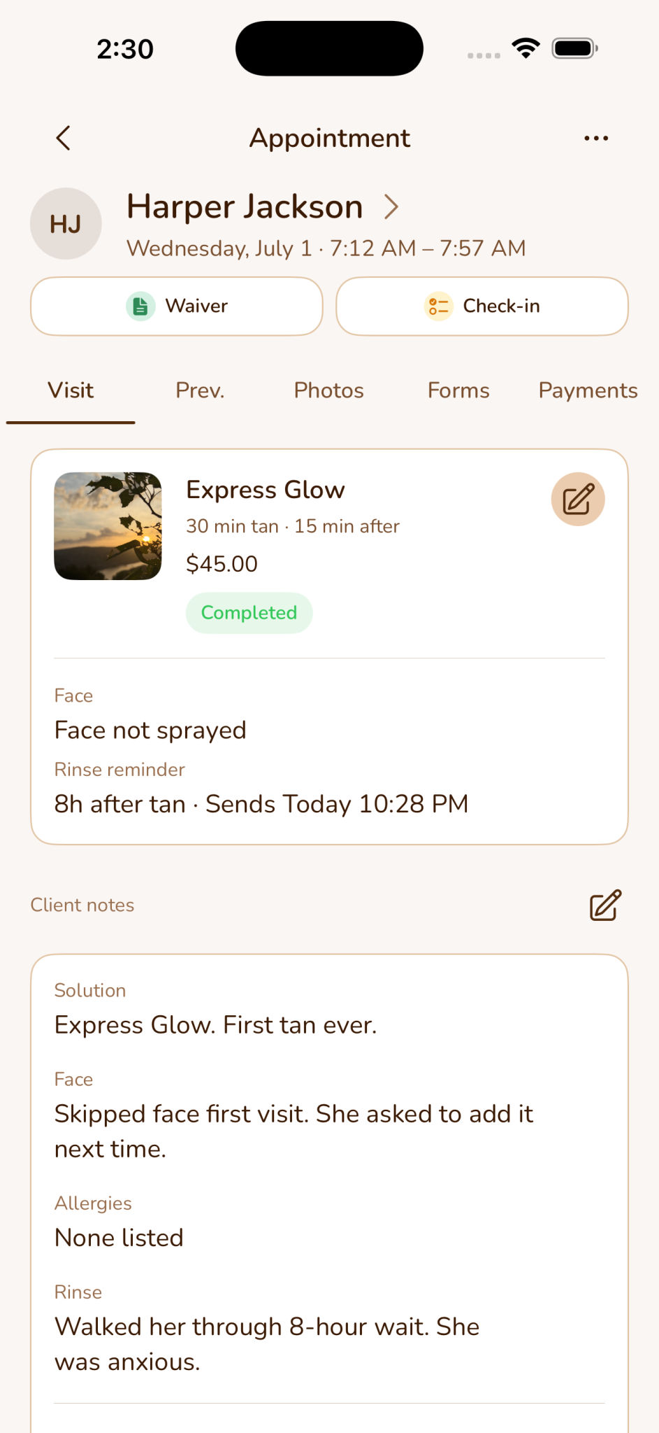 Client profile and care details in the Toasted app