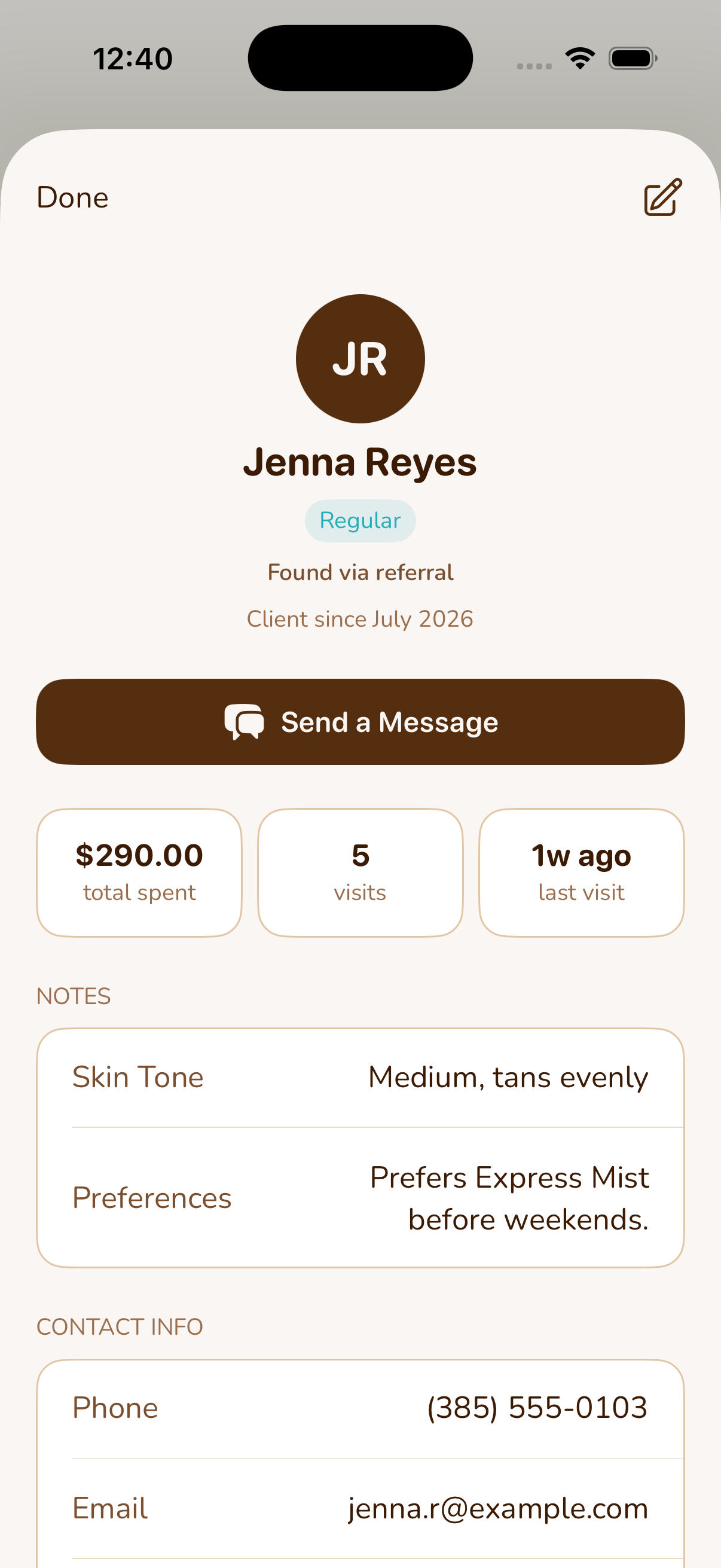 Client profile and care details in the Toasted app